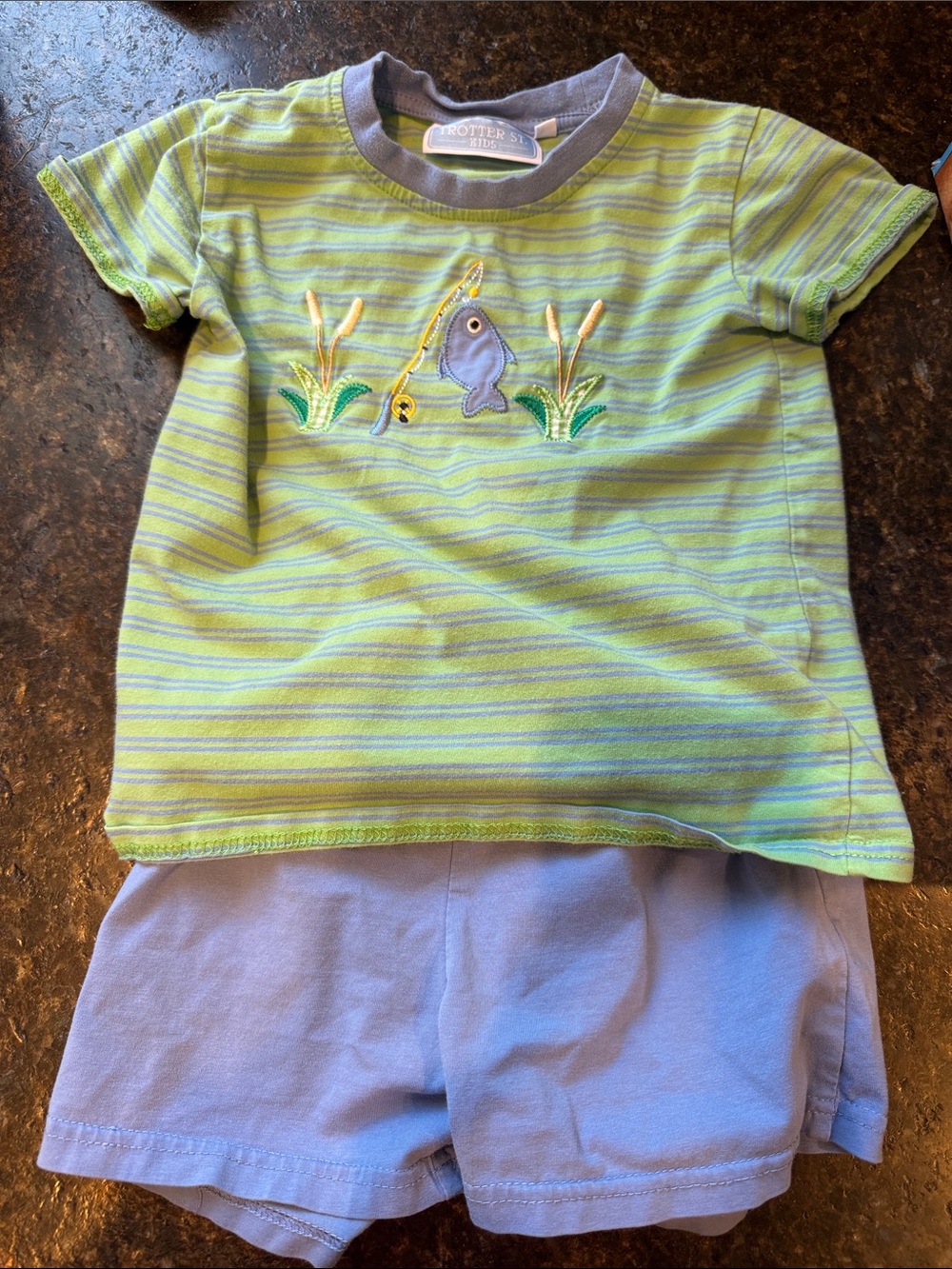 Trotter Street Kids Green Striped Fish Applique Tee with blue Shorts